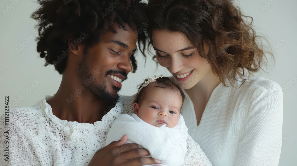 Portrait of young happy man and woman holding newborn cute babe dressed in white unisex clothing. Portrait of young happy man and woman holding newborn cute babe dressed in white unisex clothing.
