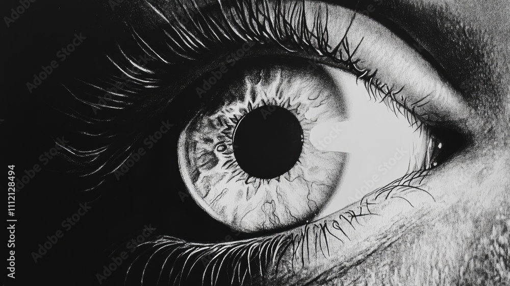 Fototapeta premium A dramatic close-up of a person's eye, rendered in striking black and white. The detail is exquisite, highlighting the intricate textures and subtle shadows.