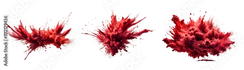 Set of powder explosion red holi powder, red smoke elements for design, isolated on white and transparent background, cutout, PNG photo