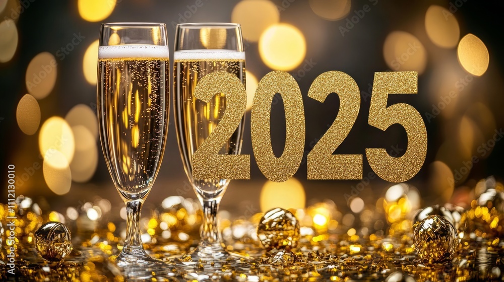 New Year's Eve toast in champagne glasses on a shiny golden background with bokeh and a confetti banner design, New Year's Eve toast in champagne glasses on a shiny golden background with bokeh and a confetti banner design,