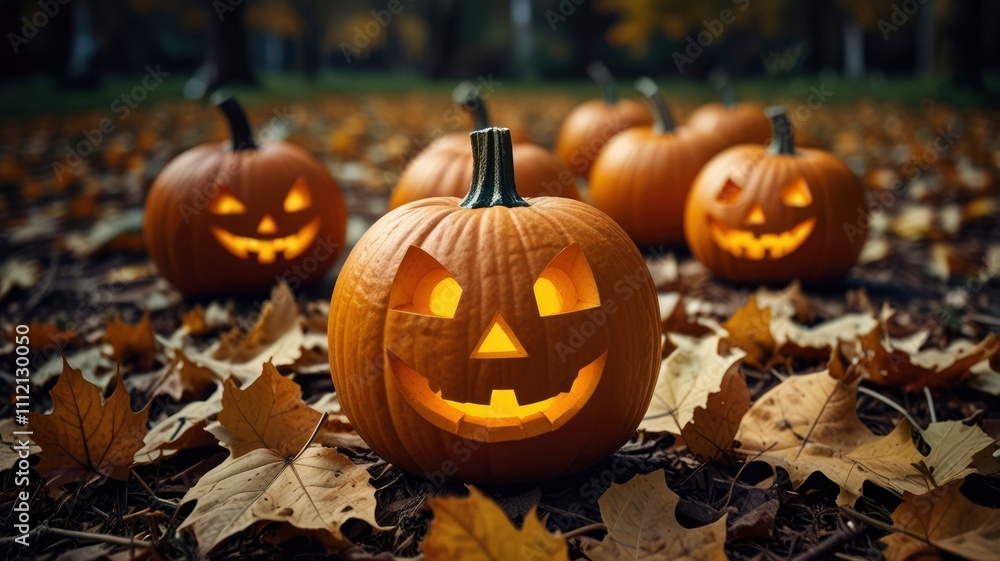 Halloween pumpkins, carved jack-o-lantern in fall leaves Halloween pumpkins, carved jack-o-lantern in fall leaves