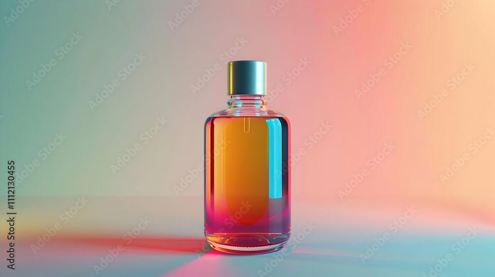 Glass Bottle 3D Render, Colorful Abstract Background Glass Bottle 3D Render, Colorful Abstract Background