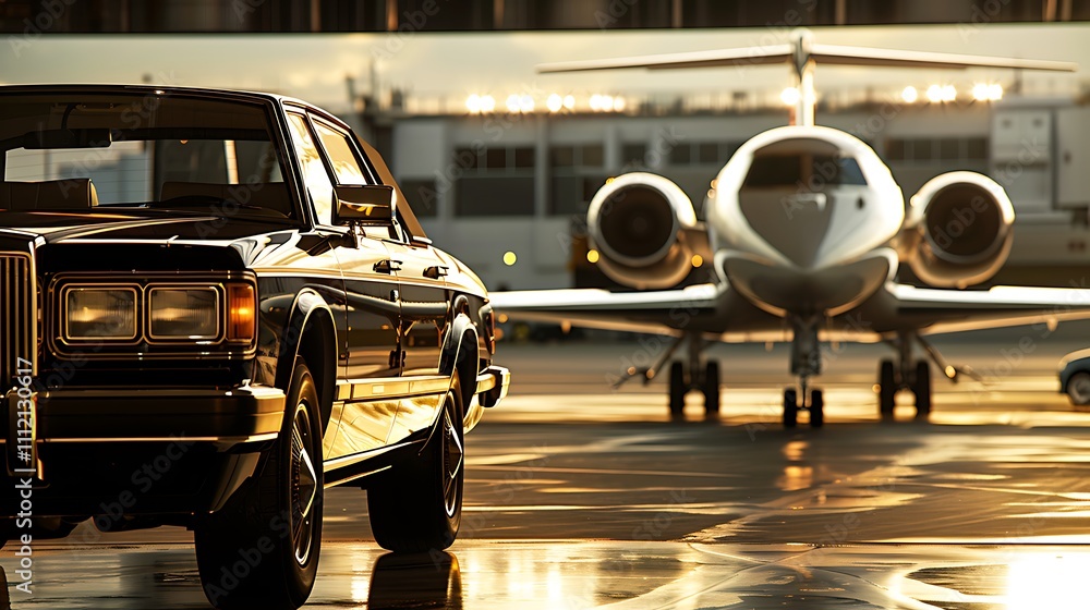 A luxurious aircraft and a luxury vehicle arrive at the airport providing executive class services A luxurious aircraft and a luxury vehicle arrive at the airport providing executive class services