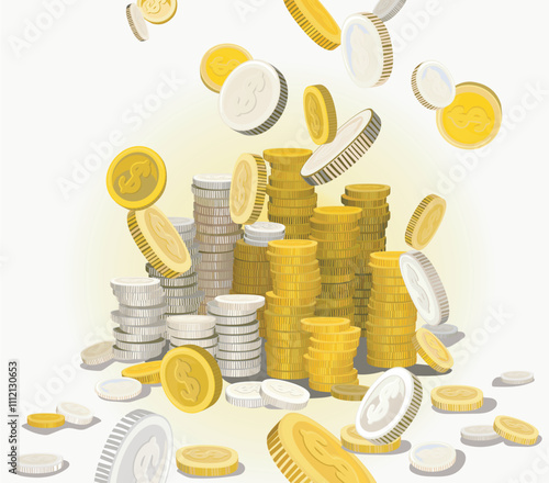 big stack of coin metal money with falling coins from sky 3D realistic money, cash, treasure pile, payment signs, bank, finance symbols vector flat illustration