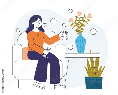 Woman allergic to flowers. Young girl suffer from allergy to plants and petal dust. Symptoms of illness and disease. Reaction to allergen. Linear vector illustration