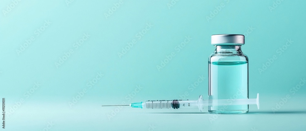 A close-up of a syringe and vial containing vaccine solution on a turquoise background. A close-up of a syringe and vial containing vaccine solution on a turquoise background.