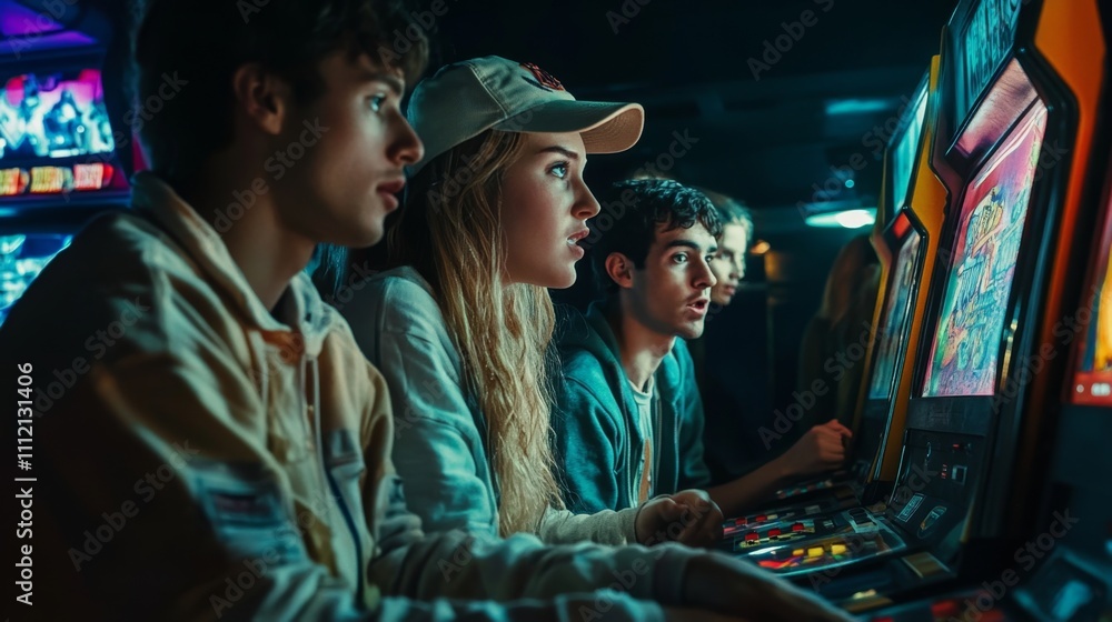 Obraz premium Teenagers Immersed in Arcade Gaming