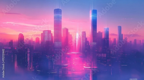 Wallpaper Mural A Vibrant Futuristic Cityscape at Dusk with Colorful Lights Reflecting on Water in a Dreamlike Atmosphere Torontodigital.ca