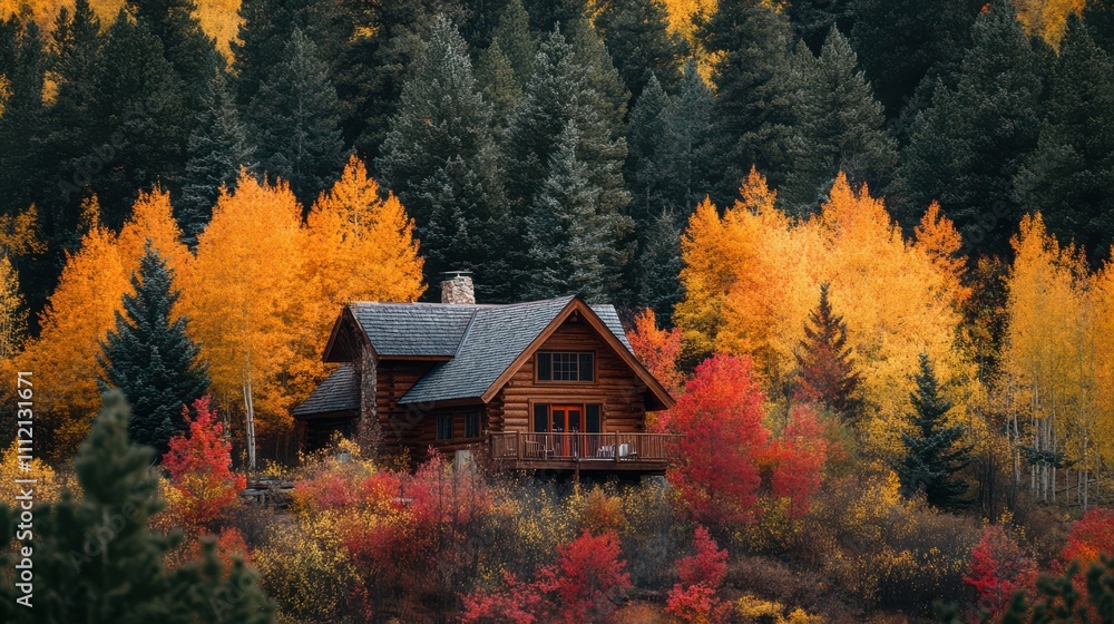 Rustic wooden cabin with vibrant autumn trees and pine forest Rustic wooden cabin with vibrant autumn trees and pine forest