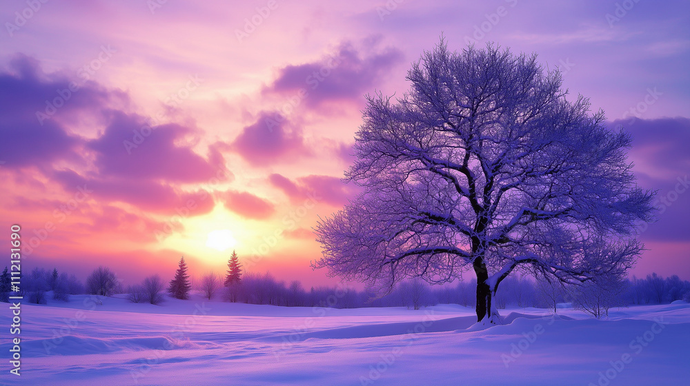 Serene winter landscape with a lone tree and soft pink hues in a tranquil misty sunrise Serene winter landscape with a lone tree and soft pink hues in a tranquil misty sunrise