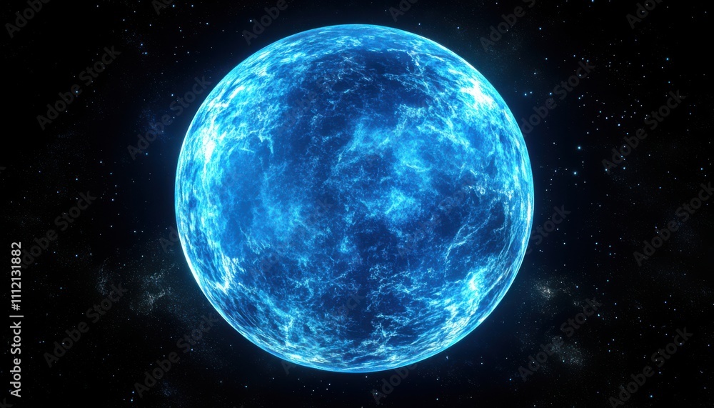 Obraz premium Bright Blue Stellar Sphere Surrounded by Cosmic Space with Twinkling Stars and Deep Dark Background for Science and Astronomy Themes