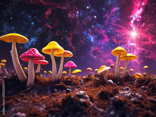 Vibrant neon mushrooms glowing in a mystical, cosmic backdrop. Perfect for fantasy and magical themes. photo