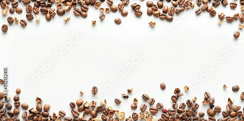 Panoramic coffee beans border isolated on white background