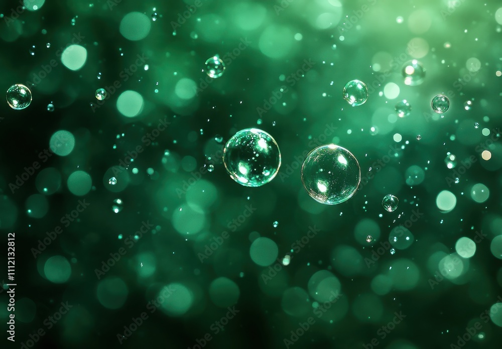 Bubbles and Water Droplets Floating in a Dreamy Green Background with Shimmering Lights Creating a Mystical and Enchanting Atmosphere Bubbles and Water Droplets Floating in a Dreamy Green Background with Shimmering Lights Creating a Mystical and Enchanting Atmosphere