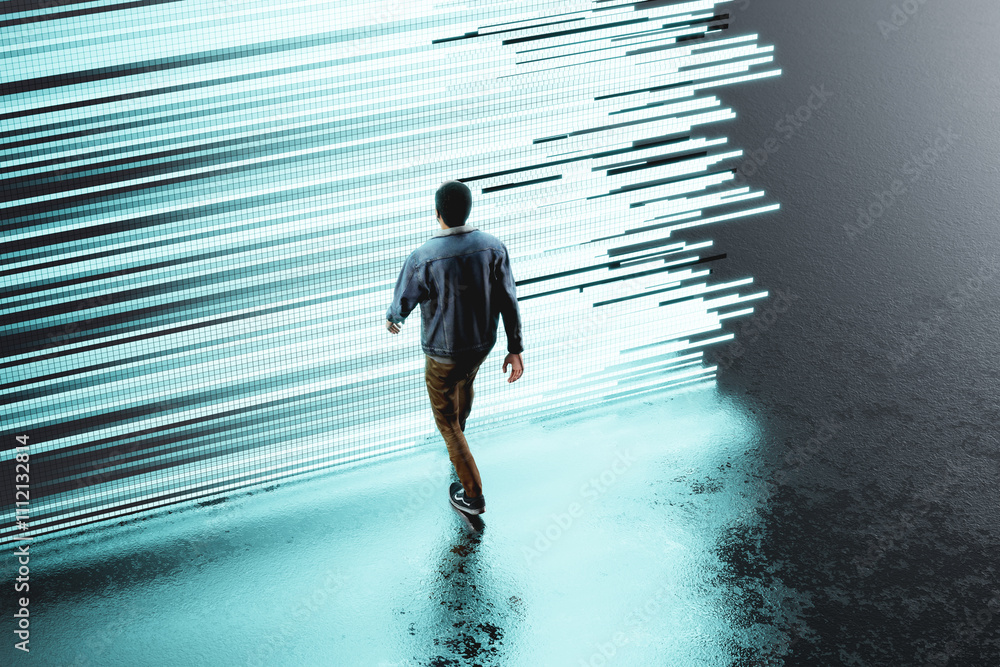 Man approaching a wall of glowing light streaks Man approaching a wall of glowing light streaks