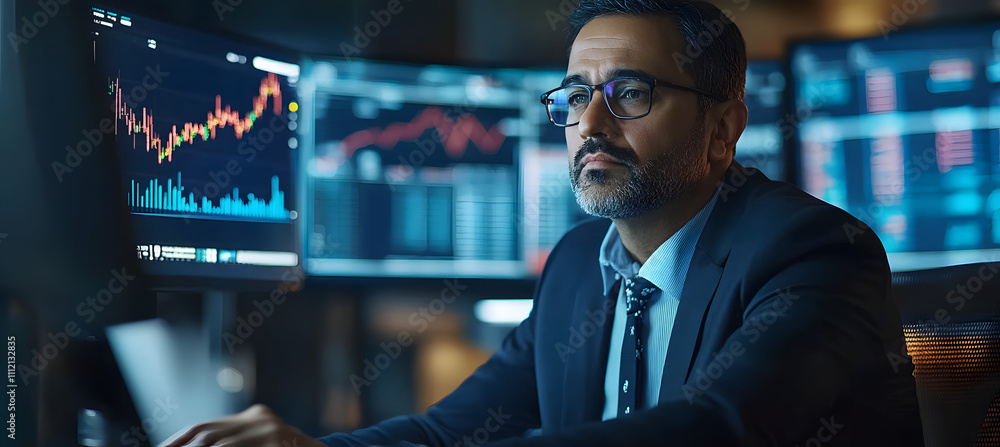 Businessman Analyzing Market Trends on Multiple Computer Screens in a Modern Office Setting Businessman Analyzing Market Trends on Multiple Computer Screens in a Modern Office Setting