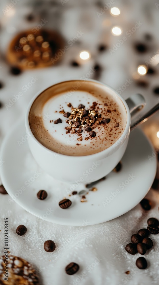 Melange coffee sits elegantly in a white cup, topped with frothy milk and sprinkled with golden accents, inviting warmth and comfort in a cozy ambiance. Melange coffee sits elegantly in a white cup, topped with frothy milk and sprinkled with golden accents, inviting warmth and comfort in a cozy ambiance.
