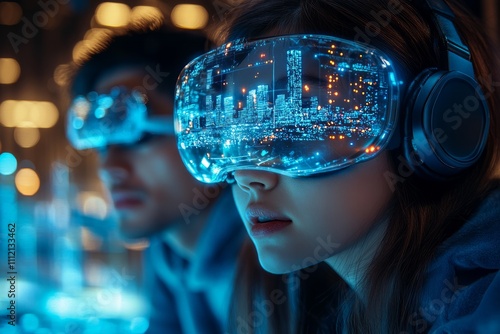  A young woman and man in VR glasses 