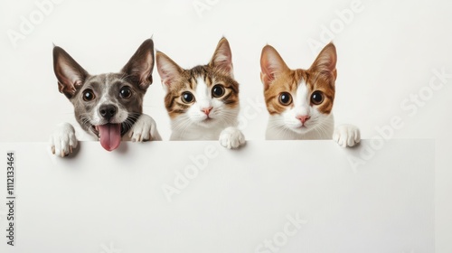 Smiling Dog and cat peeking over a blank white board on white background