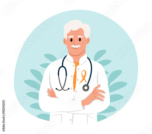 A female doctor in a white uniform with an orange awareness ribbon. World Multiple Sclerosis Day. Vector illustration in flat style