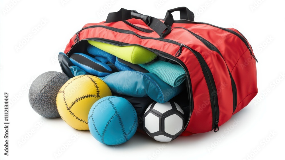 Sports bag with sports equipment isolated on white background Sports bag with sports equipment isolated on white background