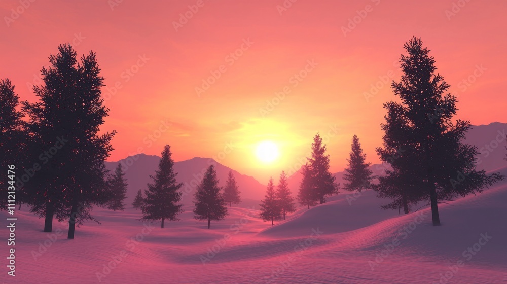 Magical Winter Sunset with Vibrant Orange and Pink Glow Casting Dramatic Silhouette of Trees on Snowy Landscape - Ultra-Detailed Photorealistic Image Magical Winter Sunset with Vibrant Orange and Pink Glow Casting Dramatic Silhouette of Trees on Snowy Landscape - Ultra-Detailed Photorealistic Image