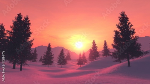 Magical Winter Sunset with Vibrant Orange and Pink Glow Casting Dramatic Silhouette of Trees on Snowy Landscape - Ultra-Detailed Photorealistic Image