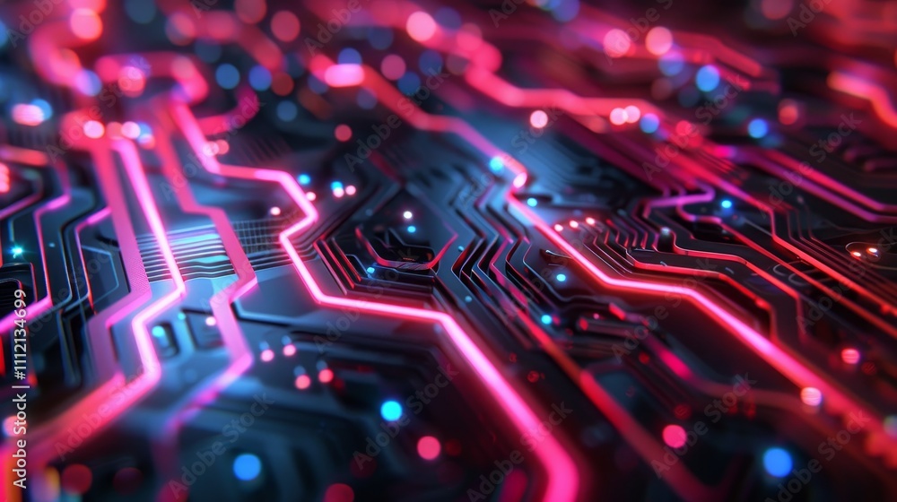 Complex electronic circuit board with glowing pink and blue lights, creating a futuristic technological backdrop Complex electronic circuit board with glowing pink and blue lights, creating a futuristic technological backdrop