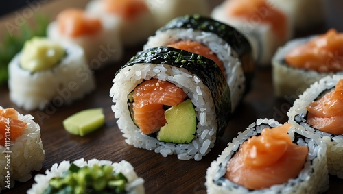 Many sushi rolls, with rice, 