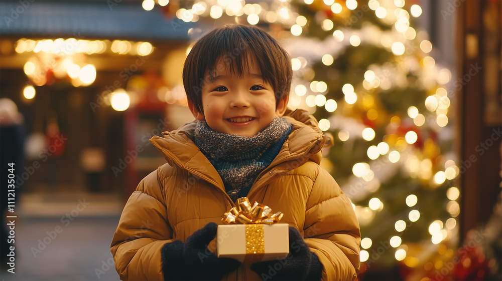 クリスマスツリーの前でプレゼントを持つ日本人の子供 クリスマスツリーの前でプレゼントを持つ日本人の子供