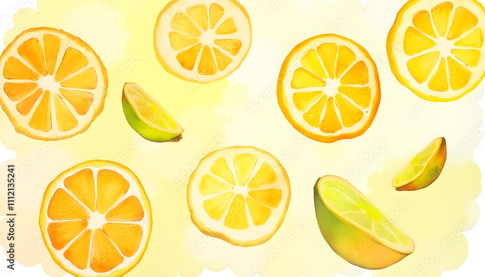 Abstract fruit background, watercolor citrus slices in shades of orange, yellow and green Abstract fruit background, watercolor citrus slices in shades of orange, yellow and green