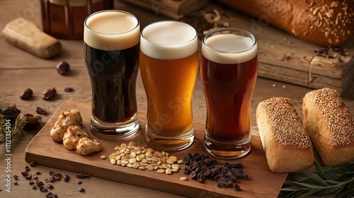 Glasses with different types of beer on a wooden board on a wooden table photo