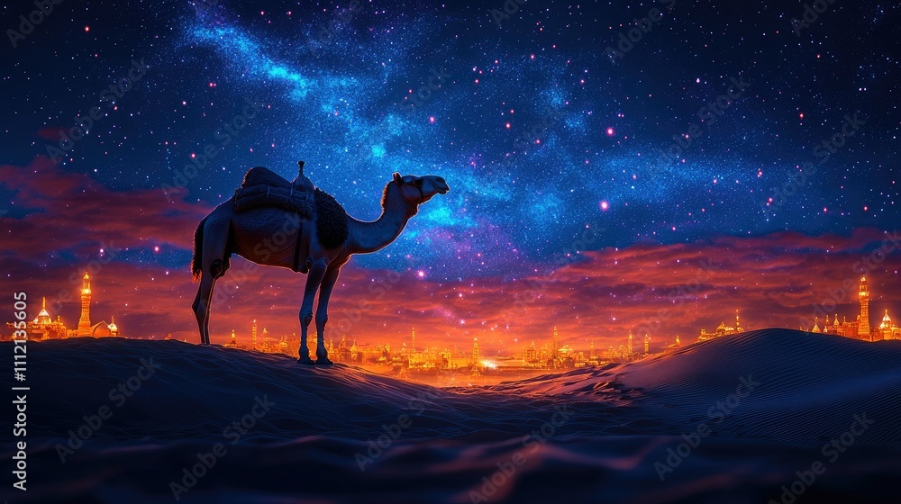 Fototapeta premium Camel silhouetted against a vibrant desert night sky with city lights.