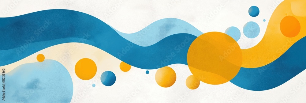 A painting of a wave with blue and yellow circles. The painting has a dreamy, whimsical feel to it, with the blue A painting of a wave with blue and yellow circles. The painting has a dreamy, whimsical feel to it, with the blue