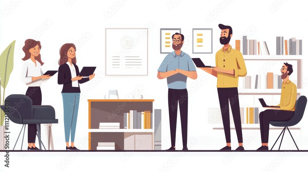Team meeting in a modern office with a presenter holding a tablet. Team meeting in a modern office with a presenter holding a tablet.