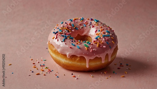 A pink-glazed donut with colorful sprinkles, on a pink surface.