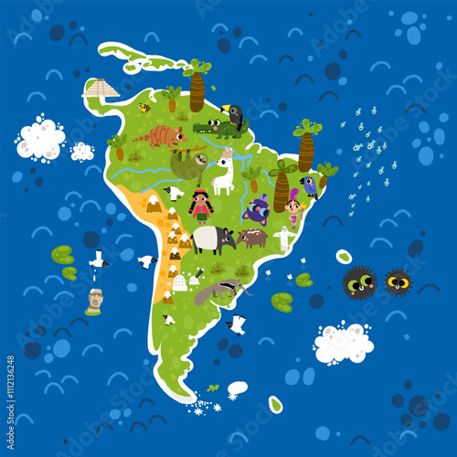 South America cartoon world kid map vector animal, birds, nature, plants traditions, people poster background printable planet earth design