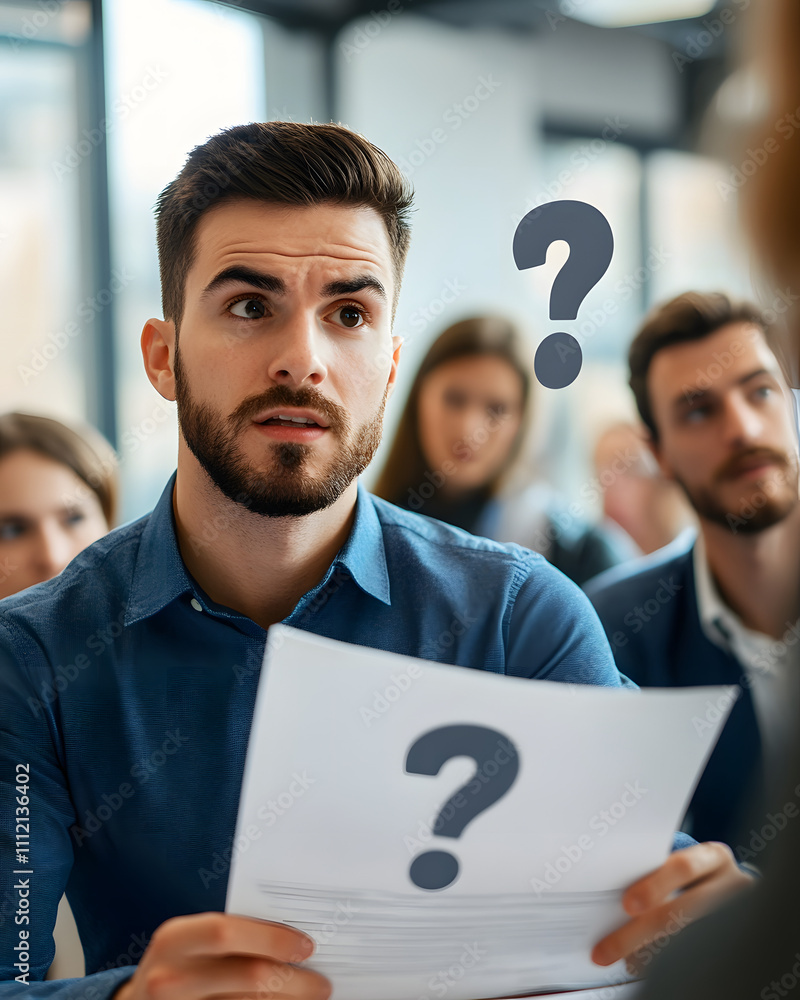 Confused Man in Meeting Holding Papers with Question Marks Overhead Confused Man in Meeting Holding Papers with Question Marks Overhead