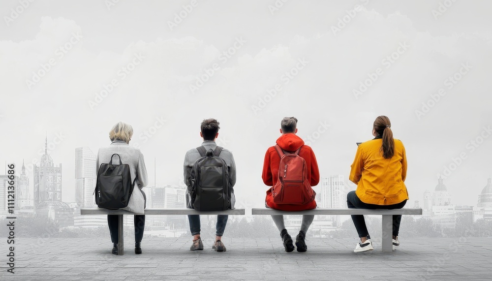Four friends enjoying a moment together, gazing at the urban skyline in minimalist style.