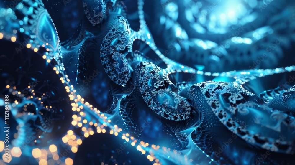 Intricate fractal chain glowing with blue and gold light creates a mesmerizing abstract design, ideal for technology or science related projects Intricate fractal chain glowing with blue and gold light creates a mesmerizing abstract design, ideal for technology or science related projects