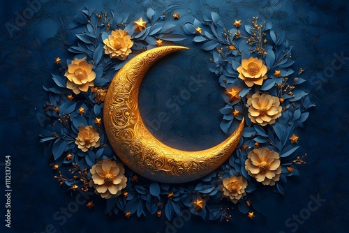 Oil painting,Ramadan Greeting Card with Dark Crescent Background and three stars photo