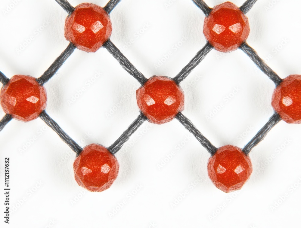 Obraz premium Close-Up View of a Patterned Textile with Red Beads and Black Thread, Showcasing Intricate Design Elements for Decorative Purposes