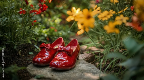 Whimsical image of patent leather Mary Janes in a garden setting photo