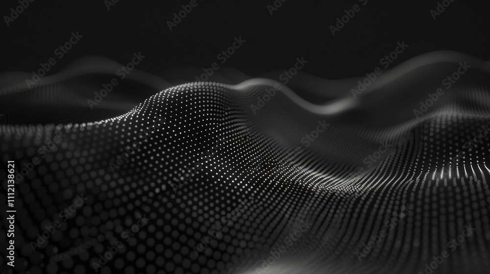 Flowing abstract particles form a wavy surface in this mesmerizing big data visualization on a dark background, creating a futuristic cyber atmosphere perfect for tech designs Flowing abstract particles form a wavy surface in this mesmerizing big data visualization on a dark background, creating a futuristic cyber atmosphere perfect for tech designs