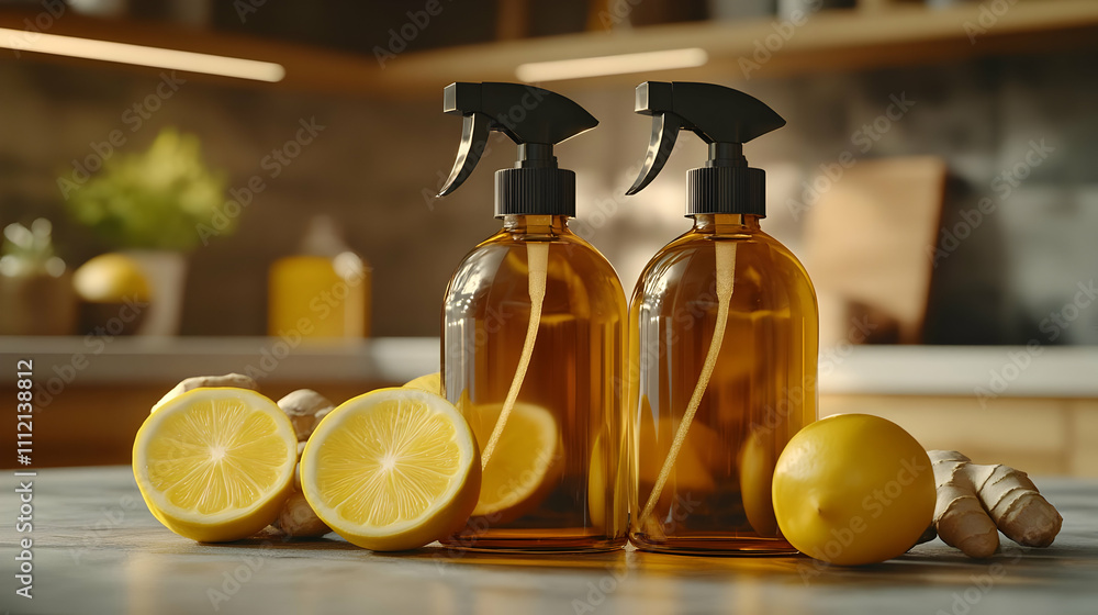 Amber Spray Bottles with Lemons and Ginger - 3D Illustration