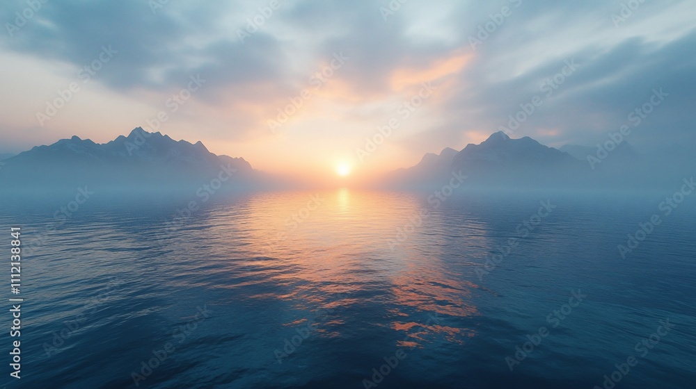 Serene sunset over misty mountains reflected in calm water. Serene sunset over misty mountains reflected in calm water.