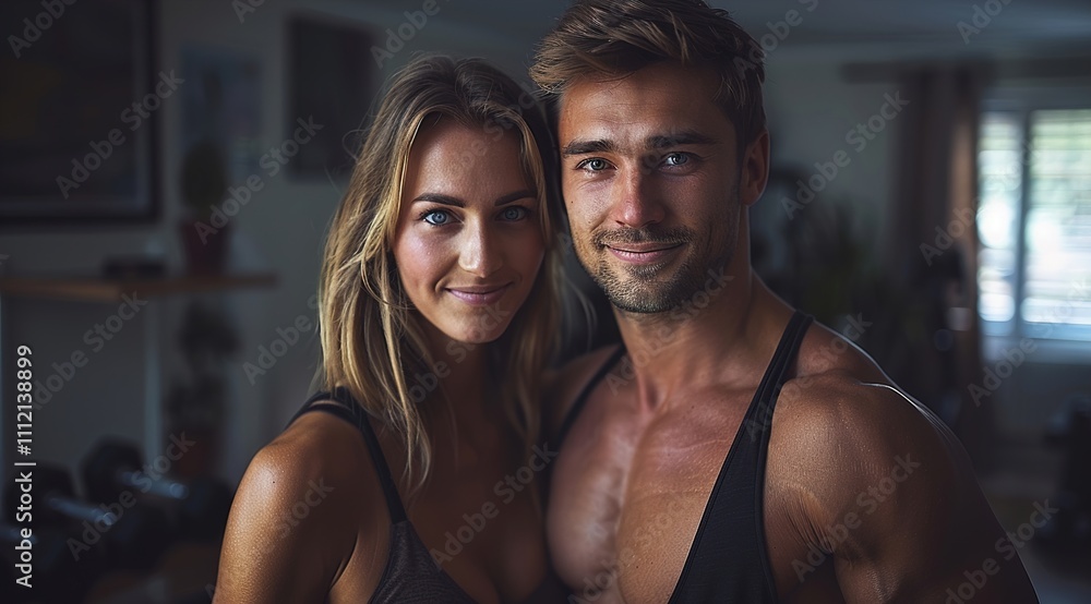 Happy athletic couple exercising with barbel in gym. Happy athletic couple exercising with barbel in gym.