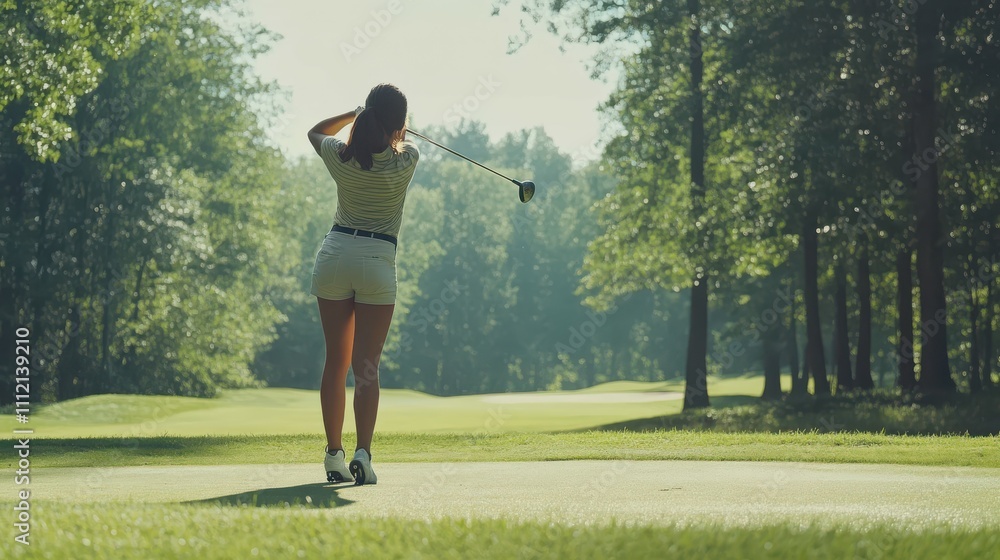 Woman golfer skilfully swinging club with precise follow through on lush fairway, capturing an elegant golf stance Woman golfer skilfully swinging club with precise follow through on lush fairway, capturing an elegant golf stance
