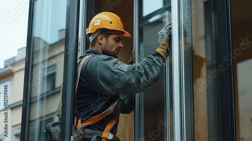 worker installing and adjusting aluminum frame sliding terrace doors