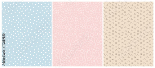 Cute Seamless Childish Vector Patterns. Abstract Hand Drawn Doodle Print. White Stars And Polka Dots on a Light Beige and Pastel Blue Background. Simple Irregular Geometric Pattern with Stripes. 